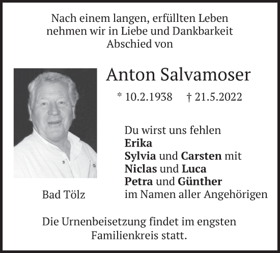 Traueranzeige von Anton Salvamoser von merkurtz