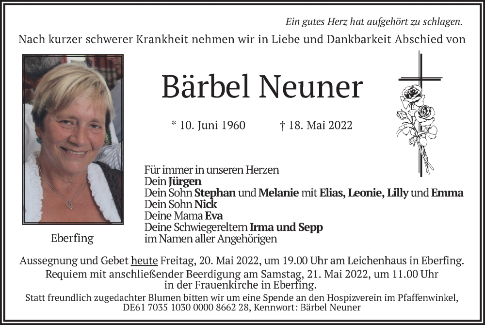  Traueranzeige für Bärbel Neuner vom 20.05.2022 aus merkurtz