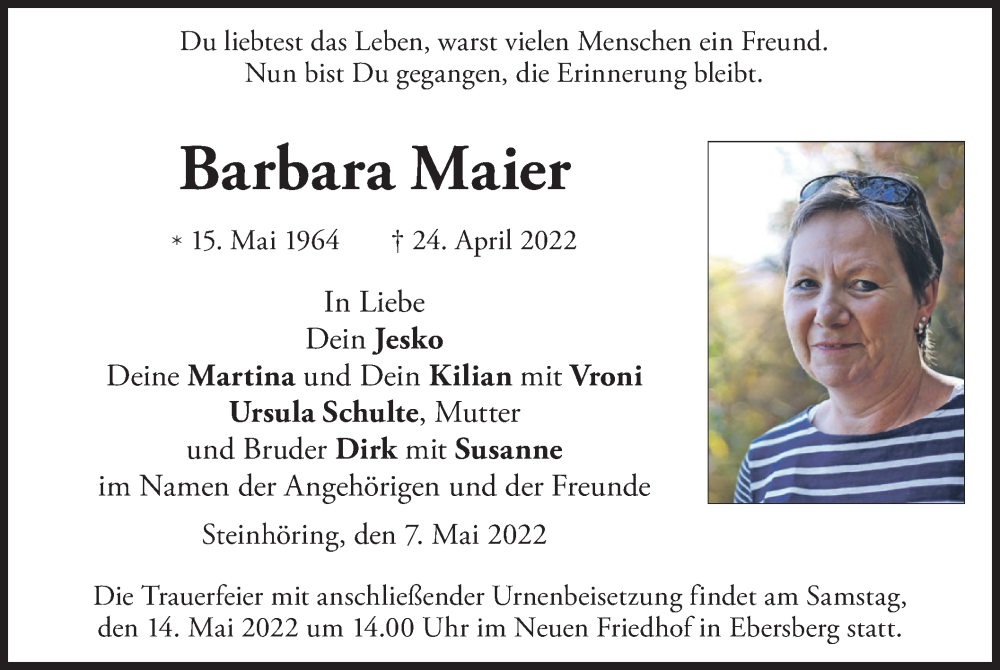  Traueranzeige für Barbara Maier vom 07.05.2022 aus merkurtz