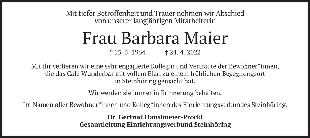  Traueranzeige für Barbara Maier vom 12.05.2022 aus merkurtz