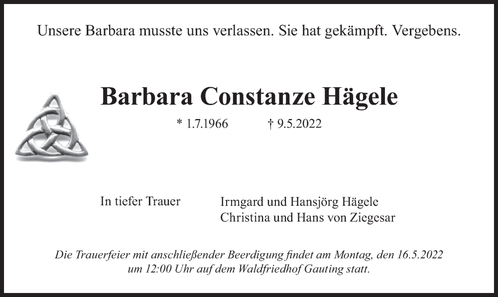  Traueranzeige für Barbara Constanze Hägele vom 13.05.2022 aus merkurtz