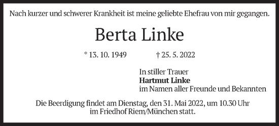 Traueranzeige von Berta Linke von merkurtz