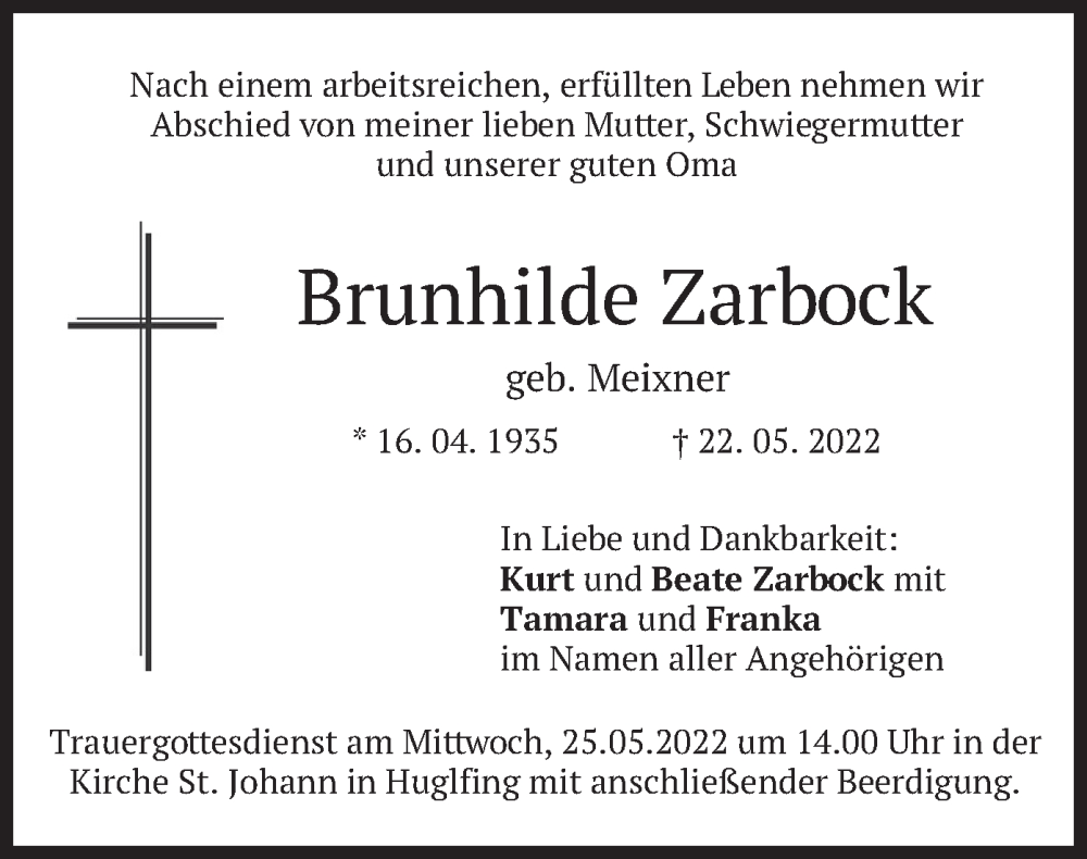  Traueranzeige für Brunhilde Zarbock vom 24.05.2022 aus merkurtz