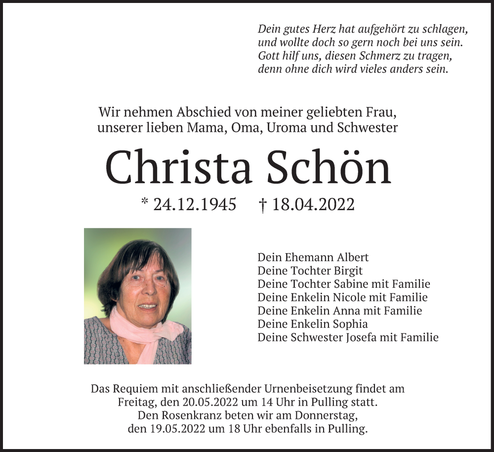  Traueranzeige für Christa Schön vom 17.05.2022 aus merkurtz