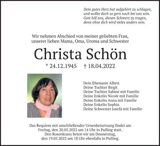 Traueranzeige von Christa Schön von merkurtz