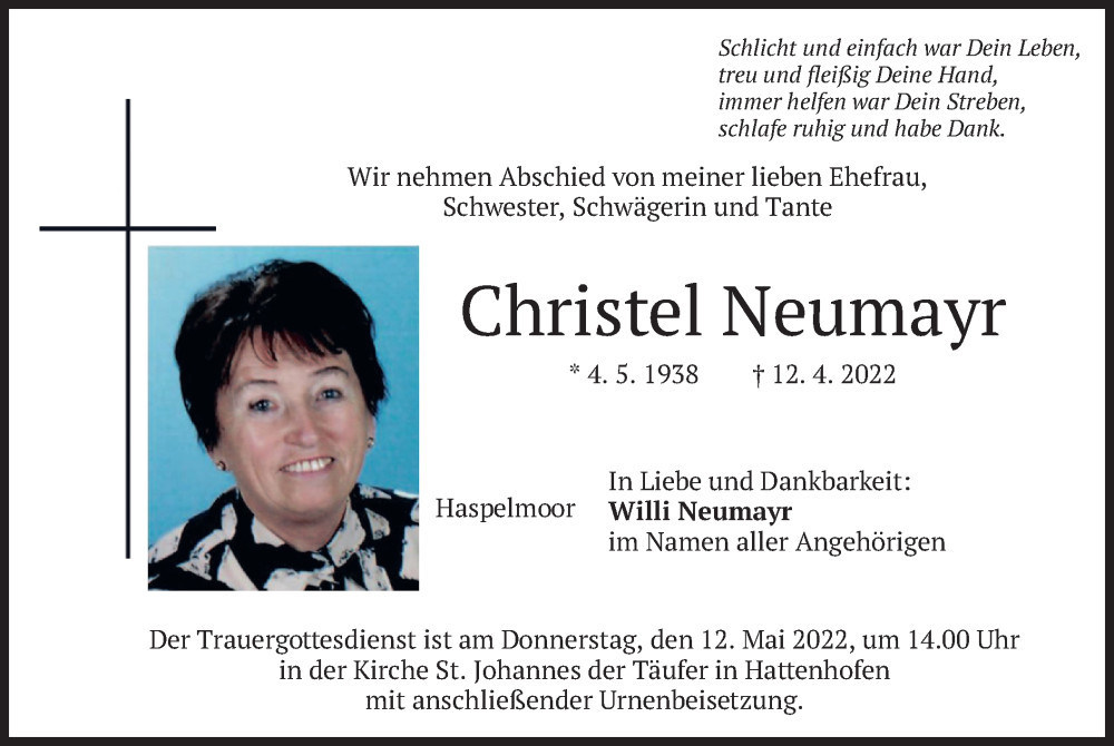  Traueranzeige für Christel Neumayr vom 07.05.2022 aus merkurtz