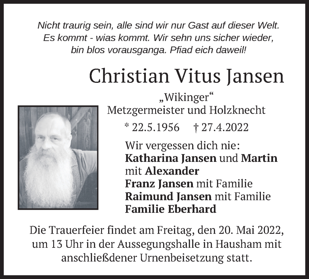  Traueranzeige für Christian Vitus Jansen vom 14.05.2022 aus merkurtz