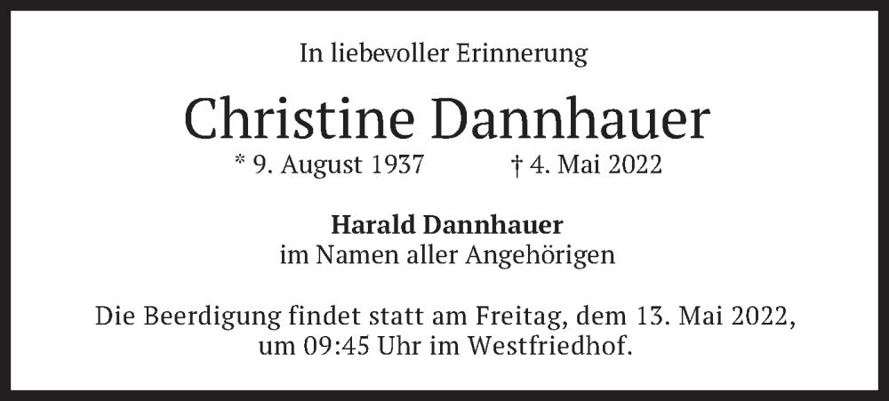 Traueranzeige für Christine Dannhauer vom 10.05.2022 aus merkurtz