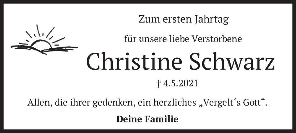  Traueranzeige für Christine Schwarz vom 04.05.2022 aus merkurtz