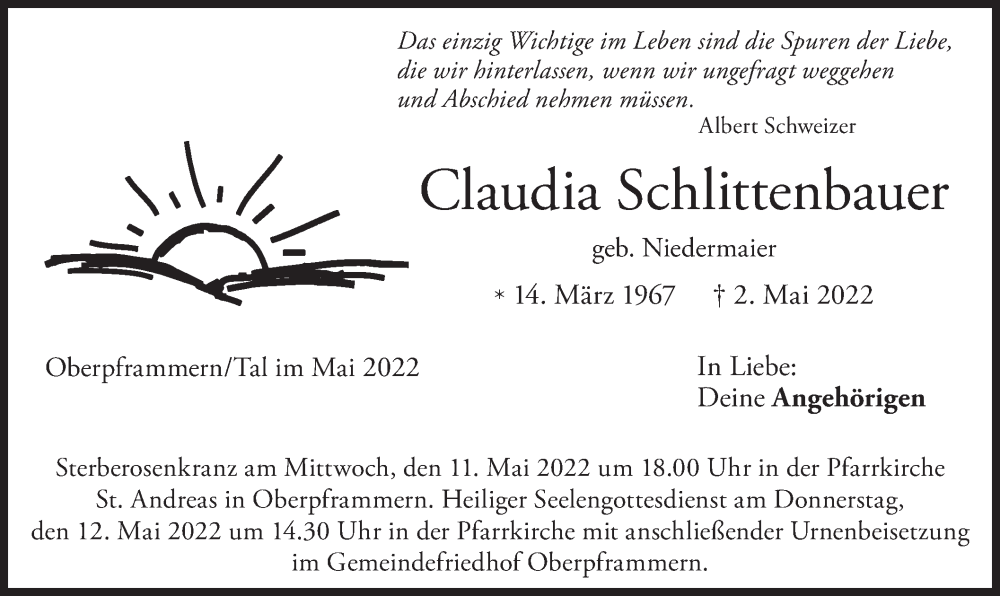  Traueranzeige für Claudia Schlittenbauer vom 10.05.2022 aus merkurtz