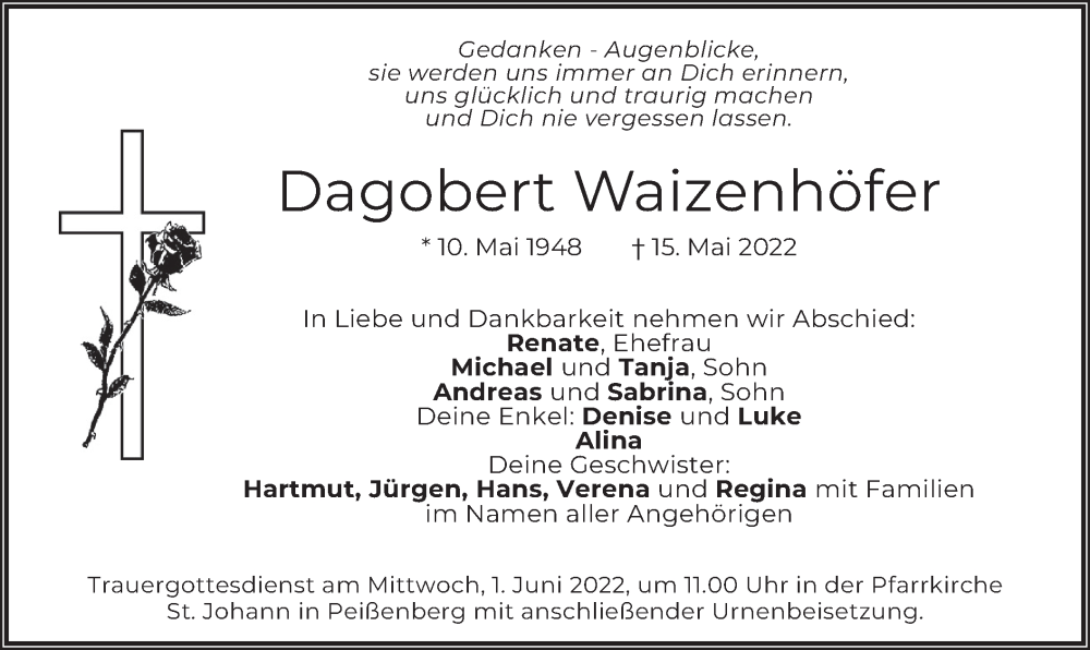  Traueranzeige für Dagobert Waizenhöfer vom 28.05.2022 aus merkurtz