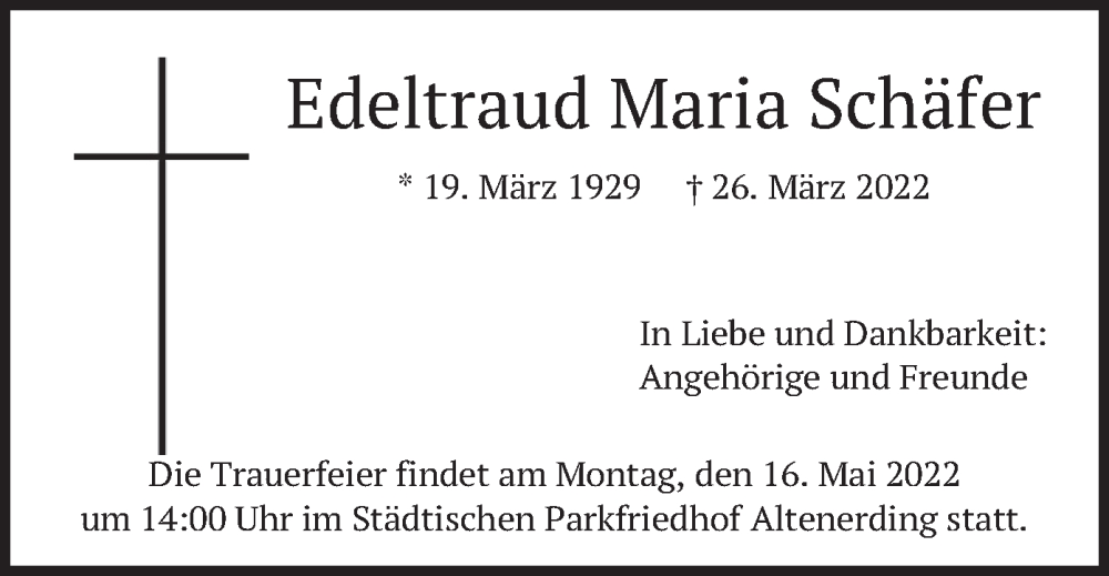  Traueranzeige für Edeltraud Maria Schäfer vom 12.05.2022 aus merkurtz