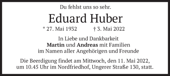 Traueranzeige von Eduard Huber von merkurtz