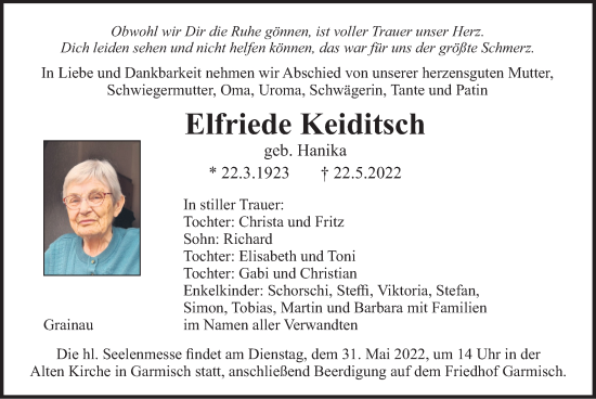 Traueranzeige von Elfriede Keiditsch von merkurtz