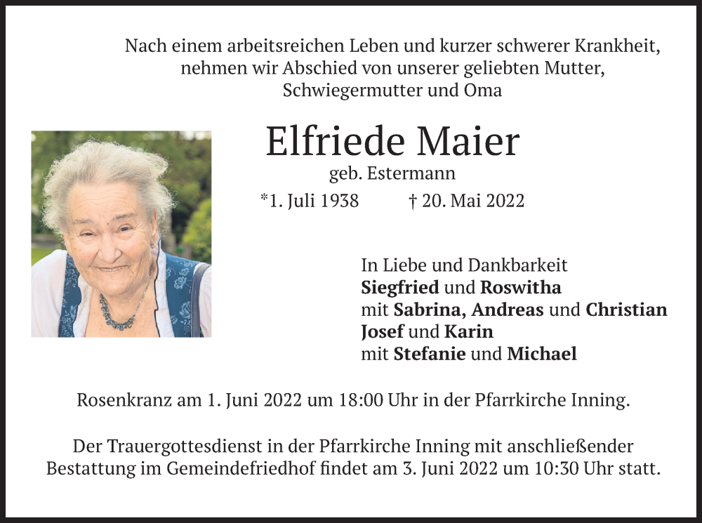  Traueranzeige für Elfriede Maier vom 28.05.2022 aus merkurtz