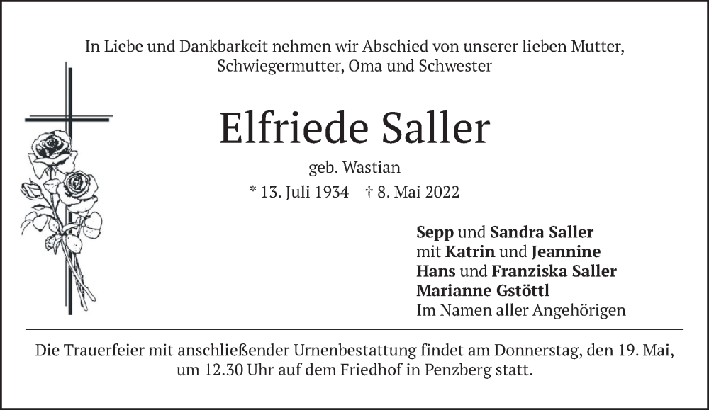  Traueranzeige für Elfriede Saller vom 14.05.2022 aus Das Gelbe Blatt Penzberg