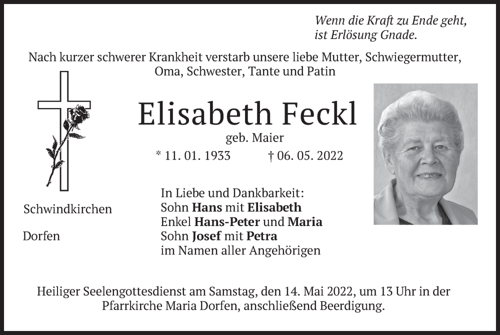  Traueranzeige für Elisabeth Feckl vom 11.05.2022 aus merkurtz
