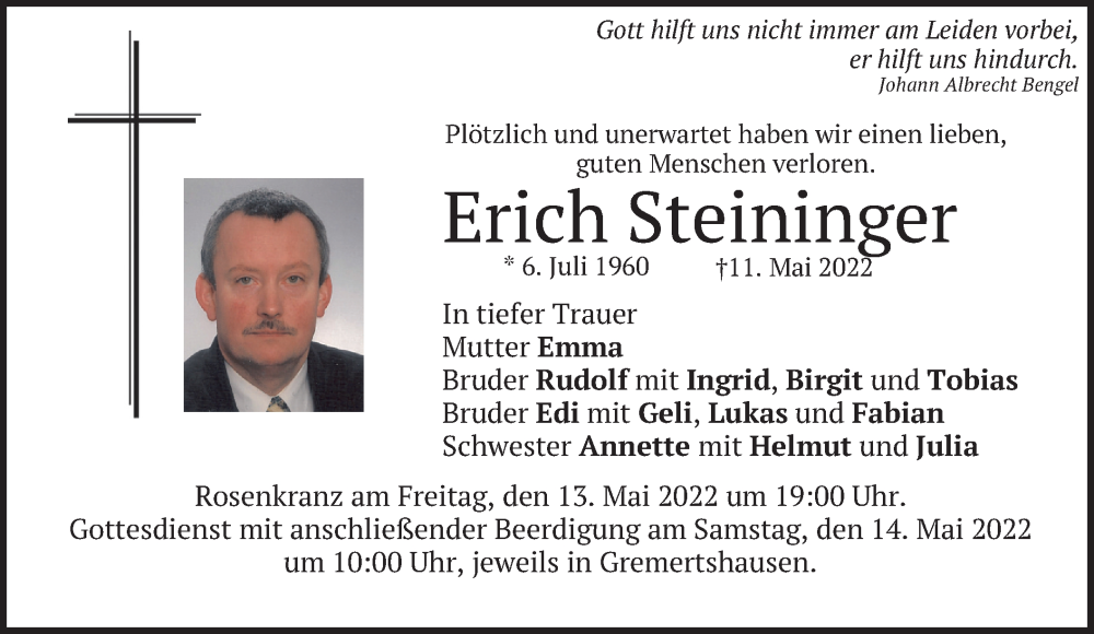  Traueranzeige für Erich Steininger vom 12.05.2022 aus merkurtz