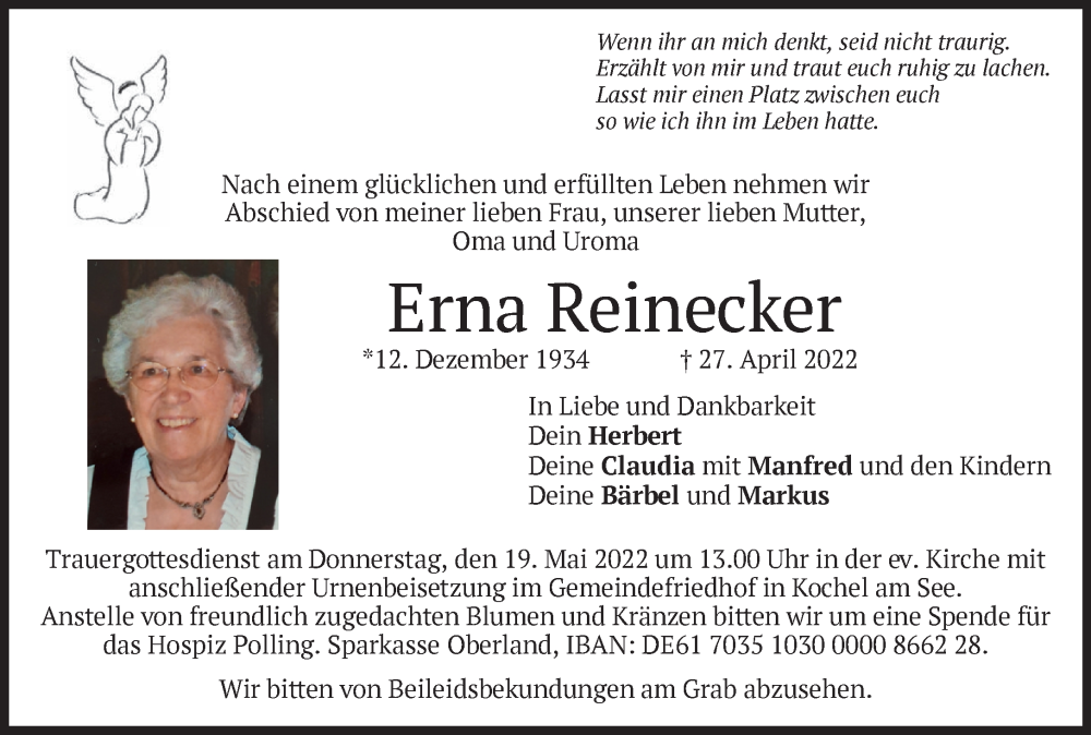  Traueranzeige für Erna Reinecker vom 14.05.2022 aus Das Gelbe Blatt Penzberg