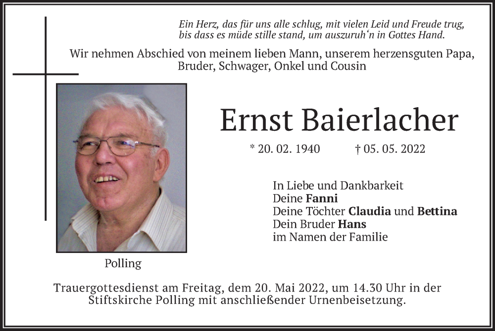  Traueranzeige für Ernst Baierlacher vom 14.05.2022 aus merkurtz