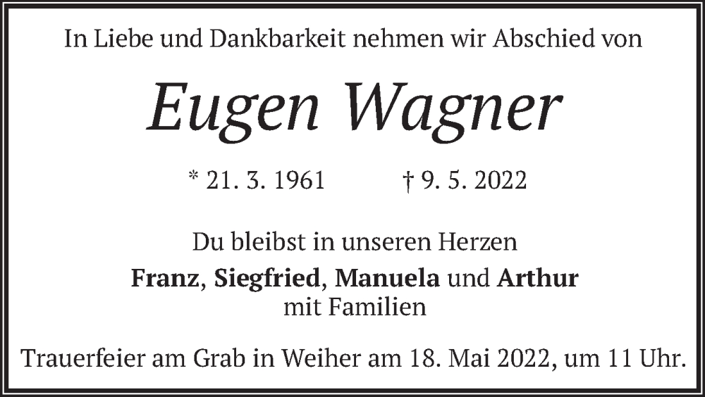  Traueranzeige für Eugen Wagner vom 14.05.2022 aus merkurtz