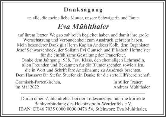 Traueranzeige von Eva Mühlthaler von merkurtz