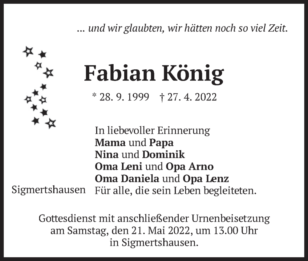 Traueranzeige für Fabian König vom 16.05.2022 aus merkurtz