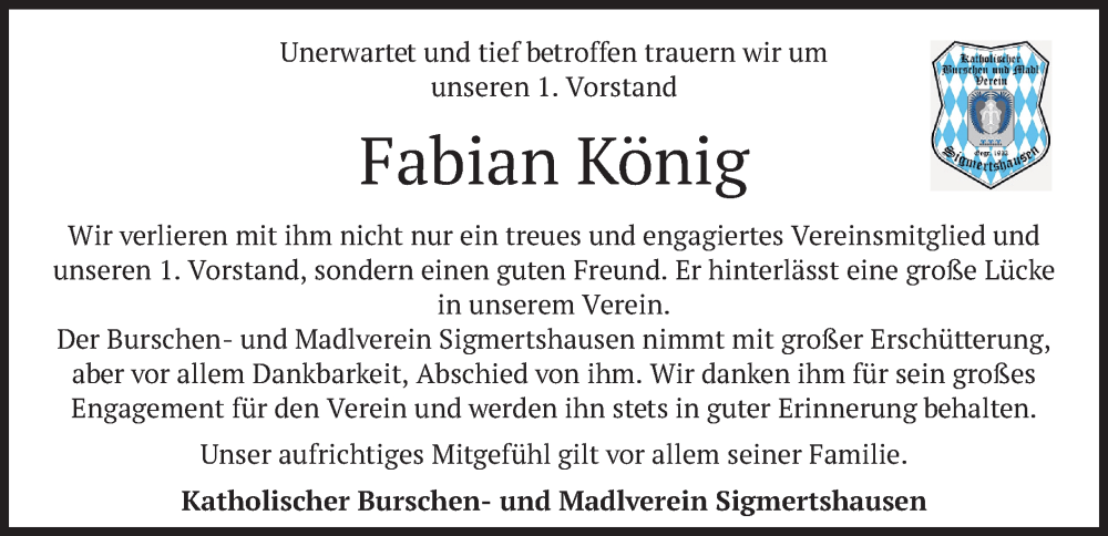  Traueranzeige für Fabian König vom 17.05.2022 aus merkurtz
