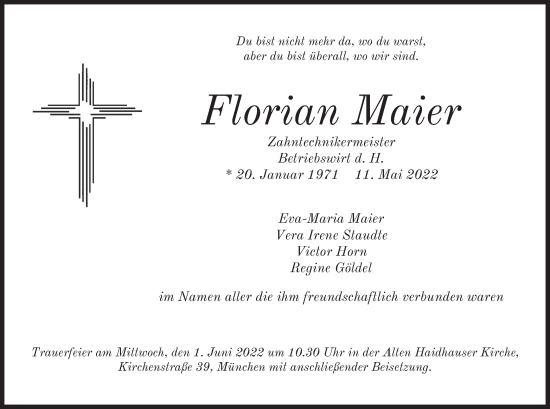 Traueranzeige von Florian Maier von merkurtz