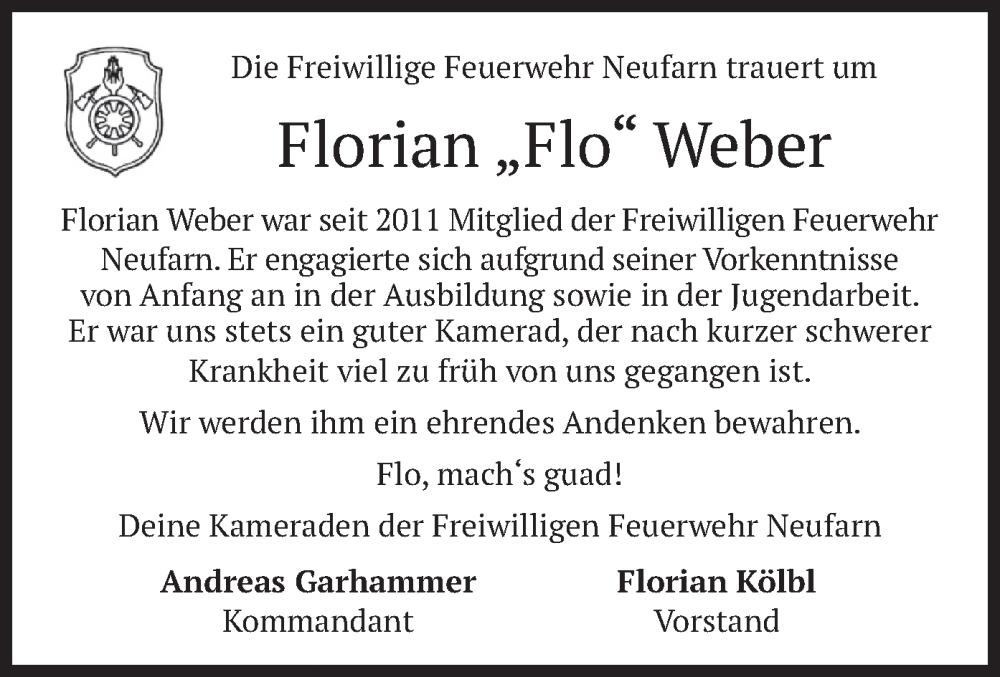  Traueranzeige für Florian  Weber vom 10.05.2022 aus merkurtz