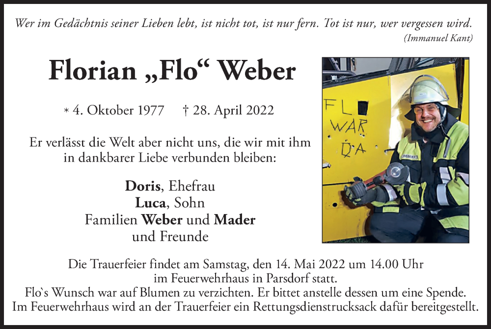  Traueranzeige für Florian  Weber vom 07.05.2022 aus merkurtz