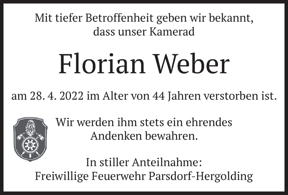  Traueranzeige für Florian  Weber vom 10.05.2022 aus merkurtz