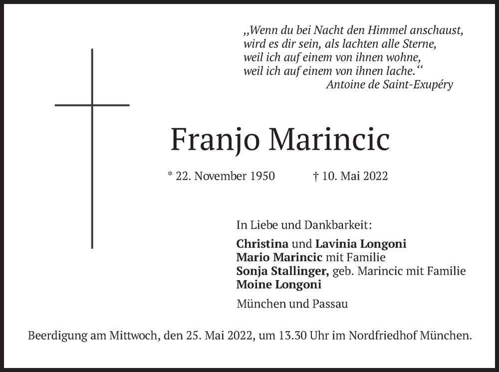  Traueranzeige für Franjo Marincic vom 20.05.2022 aus merkurtz
