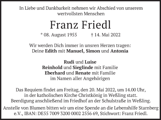 Traueranzeige von Franz Friedl von merkurtz