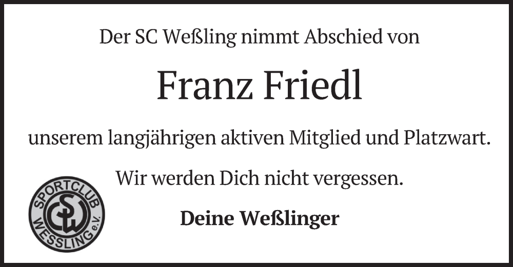  Traueranzeige für Franz Friedl vom 20.05.2022 aus merkurtz