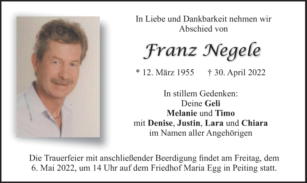  Traueranzeige für Franz Negele vom 04.05.2022 aus merkurtz