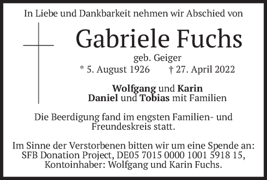 Traueranzeige von Gabriele Fuchs von merkurtz