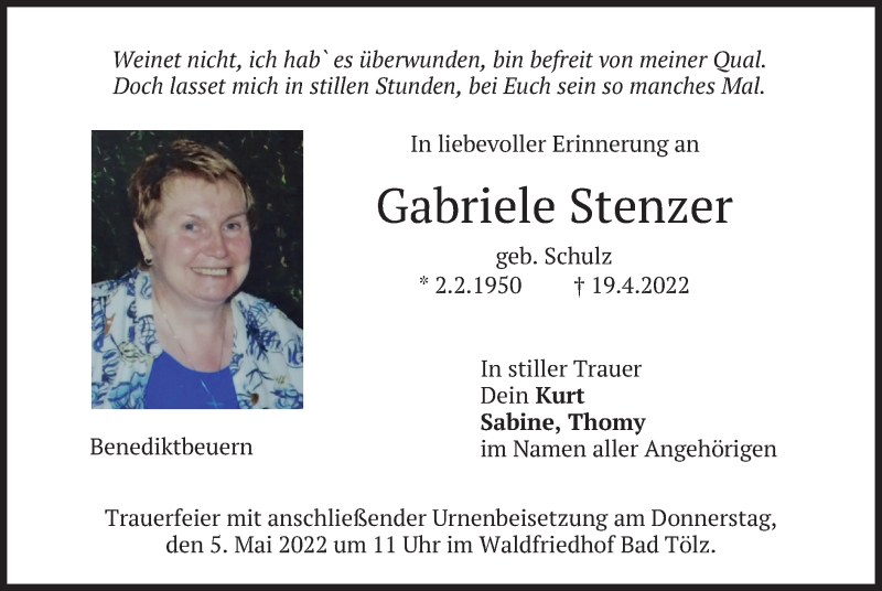  Traueranzeige für Gabriele Stenzer vom 02.05.2022 aus merkurtz