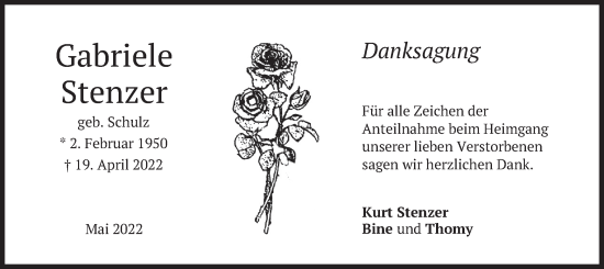 Traueranzeige von Gabriele Stenzer von merkurtz