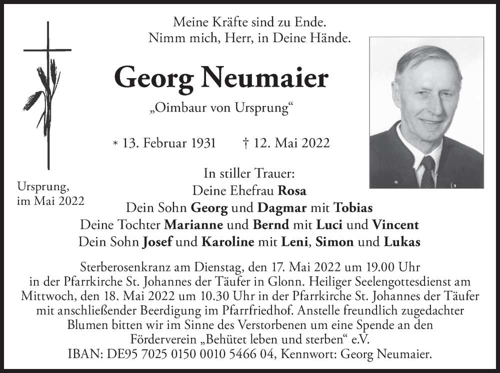  Traueranzeige für Georg Neumaier vom 14.05.2022 aus merkurtz