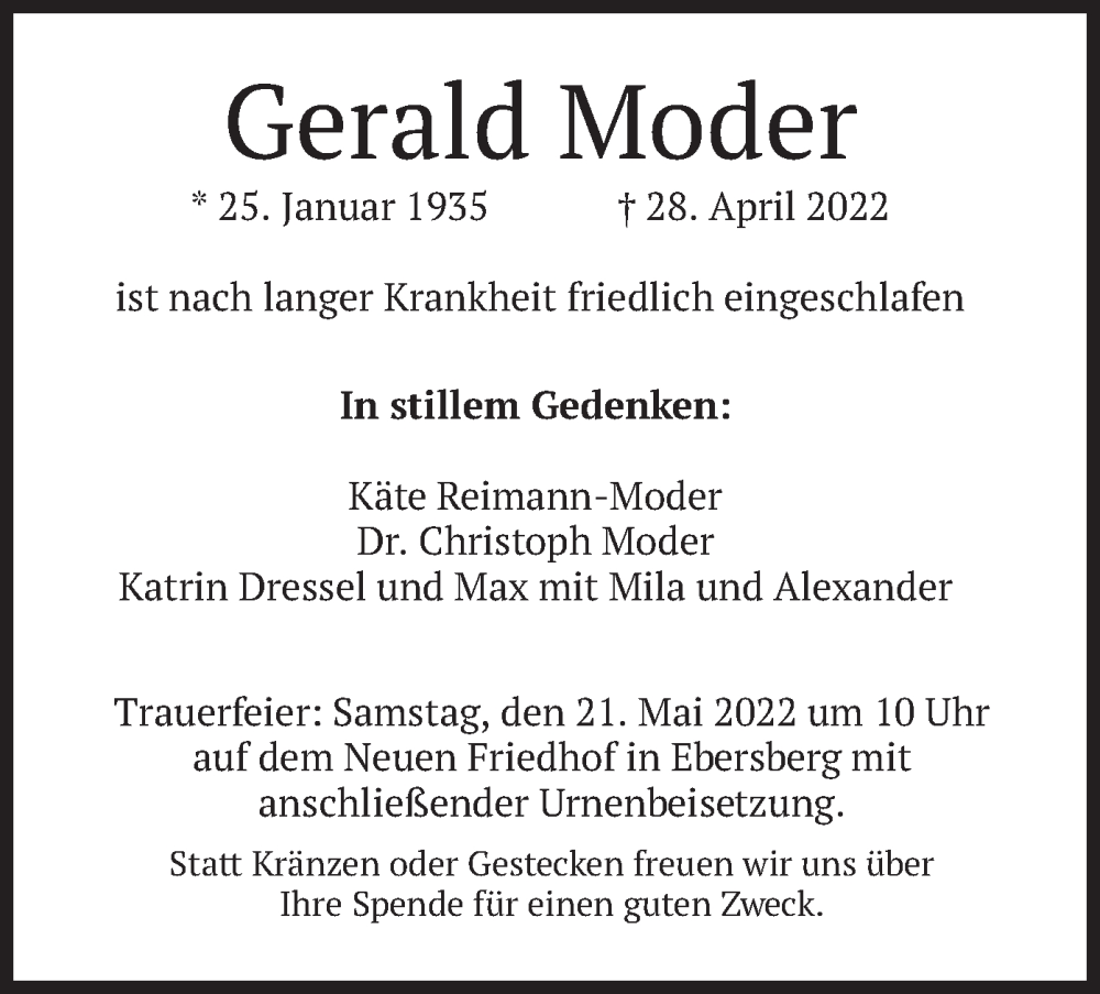  Traueranzeige für Gerald Moder vom 14.05.2022 aus merkurtz