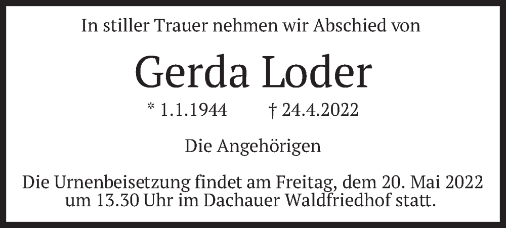  Traueranzeige für Gerda Loder vom 07.05.2022 aus merkurtz