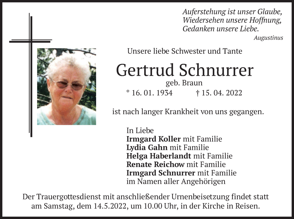  Traueranzeige für Gertrud Schnurrer vom 07.05.2022 aus merkurtz