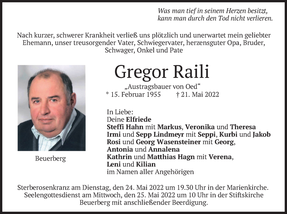  Traueranzeige für Gregor Raili vom 23.05.2022 aus merkurtz