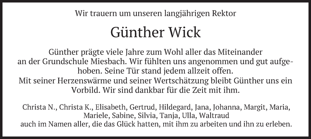  Traueranzeige für Günther Wick vom 07.05.2022 aus merkurtz