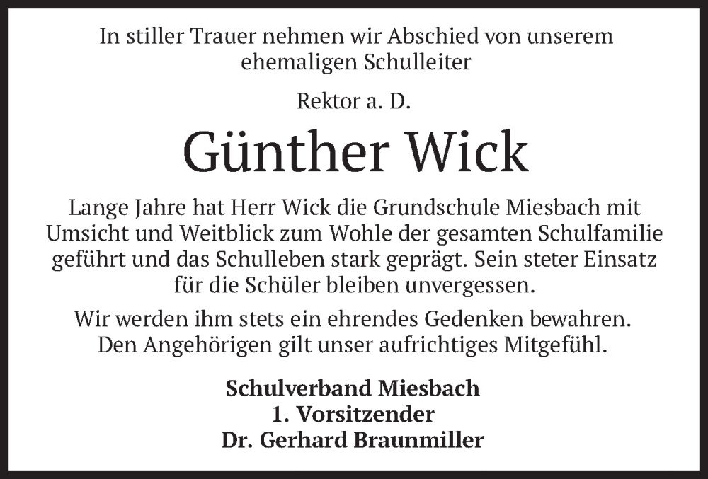  Traueranzeige für Günther Wick vom 07.05.2022 aus merkurtz