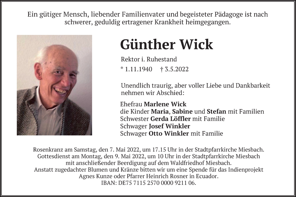  Traueranzeige für Günther Wick vom 06.05.2022 aus merkurtz