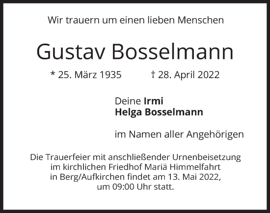 Traueranzeige von Gustav Bosselmann von merkurtz