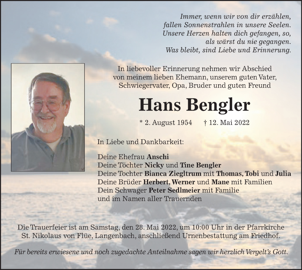  Traueranzeige für Hans Bengler vom 23.05.2022 aus merkurtz