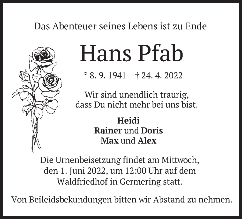  Traueranzeige für Hans Pfab vom 07.05.2022 aus merkurtz